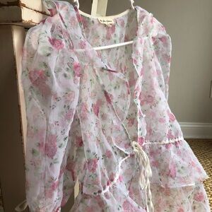 New: For Love and Lemons Organza Tie Front Duster in Pink Roses. Size XS